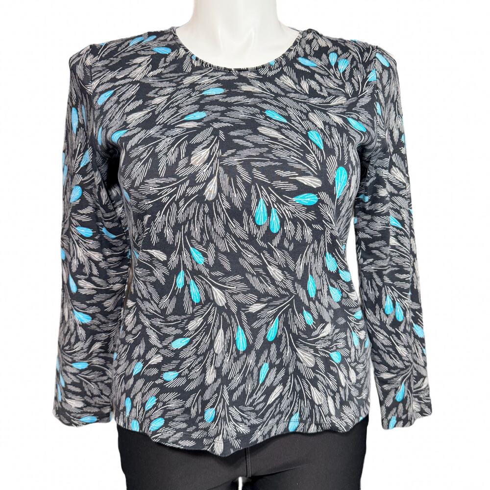 Croft & Barrow Womens T Shirt Top Long Sleeve Cotton Peacock Feather Print Blue